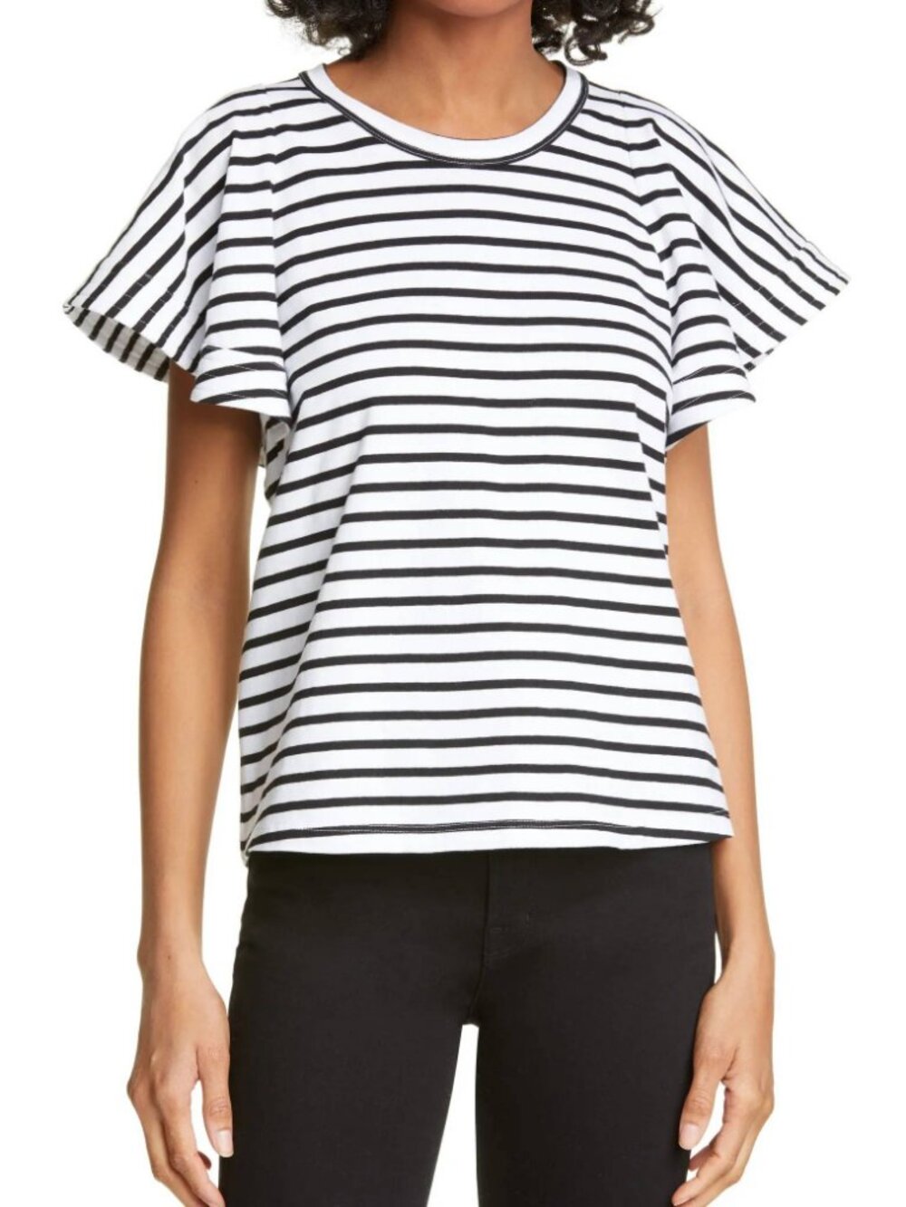 A.L.C. Carrie Flutter Sleeve Striped Tee Black White Size M